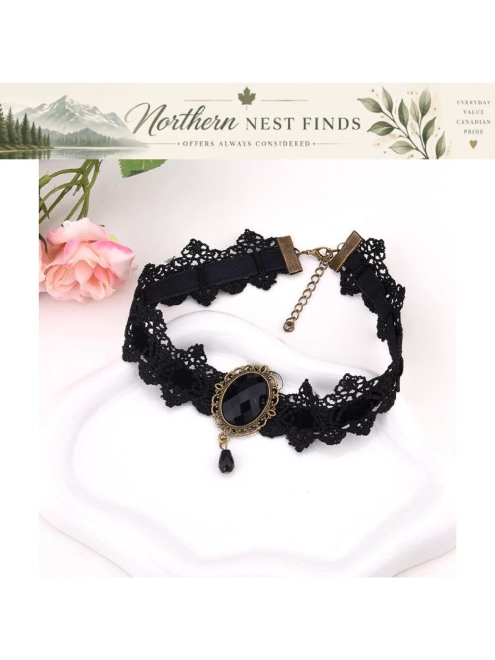 Gothic Lace Choker Necklace with Oval Black Rhinestone, Adjustable Lobster Clasp - Picture 6 of 6